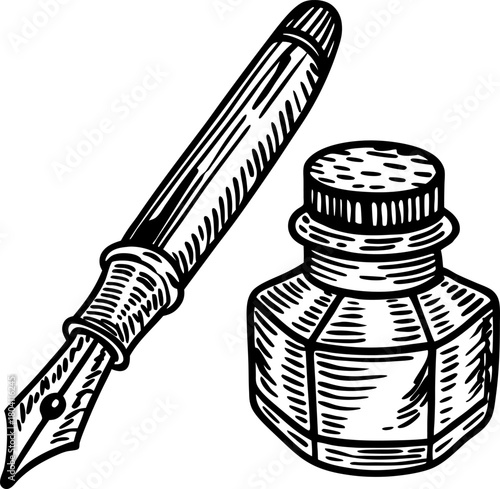 Fountain pen with ink bottle illustration vintage drawing of classic writing instrument and container, handwriting concept