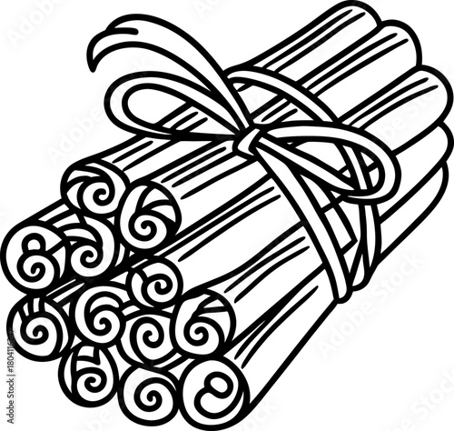 Cinnamon sticks bundle tied with ribbon aromatic spice illustration for baking, cooking, seasoning, and holiday ingredients