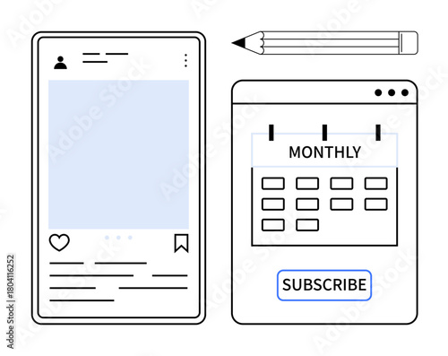 Mobile social media post interface alongside monthly subscription calendar featuring a subscribe button and pencil. Ideal for social media, planning, scheduling, subscription services, organization