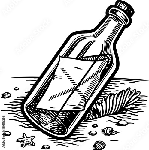 message in a bottle washed ashore letter inside glass container, beach sand, seashells, ocean communication concept
