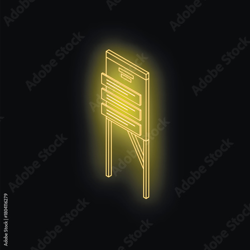 Glowing isometric signpost with directional signs, providing guidance and information in a dark environment