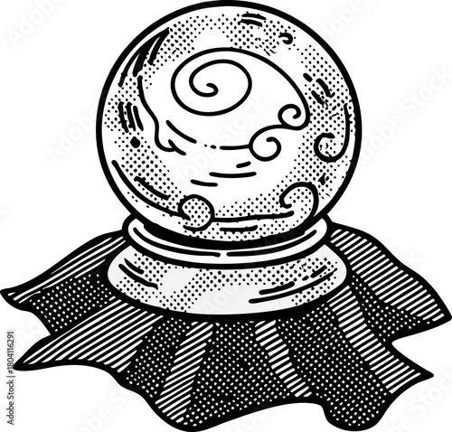 Mystical crystal ball with swirling patterns on ornate cloth fortune telling, magic, divination, occult symbol illustration