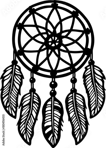 Dreamcatcher outline with feathers hanging, tribal boho mandala charm, native american talisman symbol