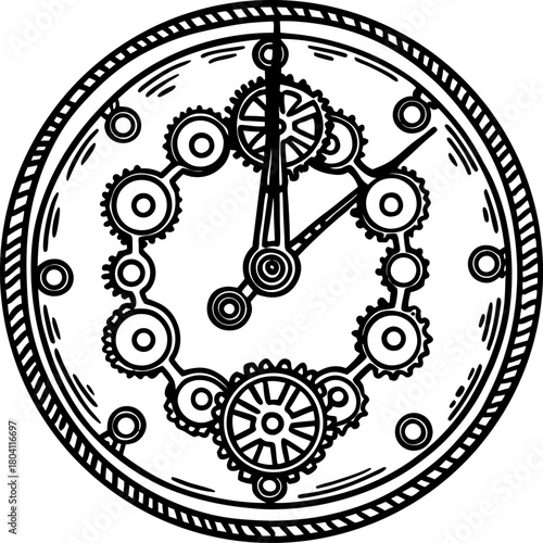 Mechanical clock face with visible gears and roman numerals steampunk timepiece hand drawn illustration