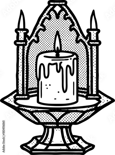 Gothic candle holder with tall candles and melting wax ornate medieval decor, vintage altar illustration