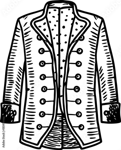 Vintage military coat illustration hand drawn eighteenth century jacket, historical fashion garment isolated