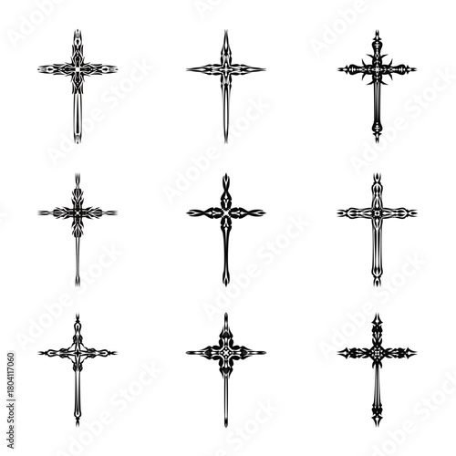 Christian cross vector icon symbols.  Abstract christian religious belief or faith art illustration for orthodox or catholic design. The symbol of the cross in various designs used in tattoo.	