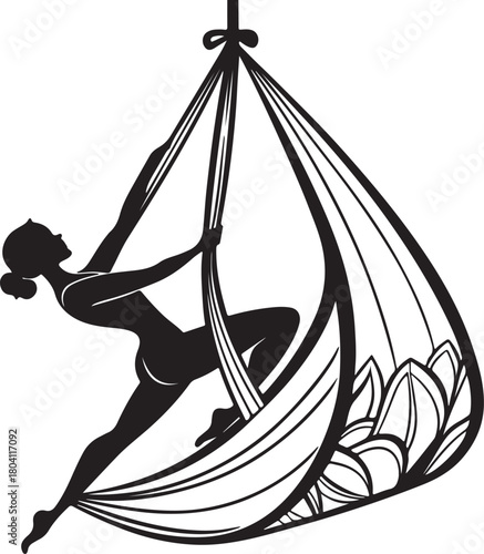 Aerial yoga pose, black silhouette of a woman suspended in a silk hammock
