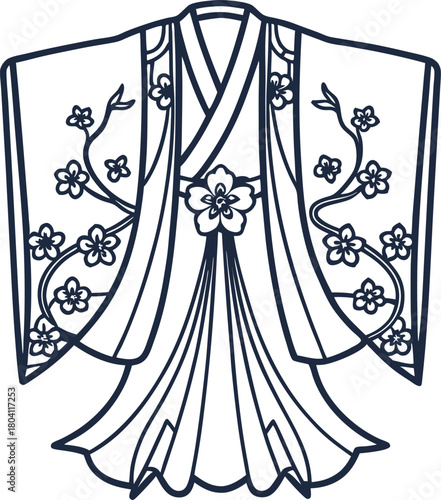 Traditional ceremonial kimono with floral cherry blossom embroidery, elegant japanese robe fashion illustration