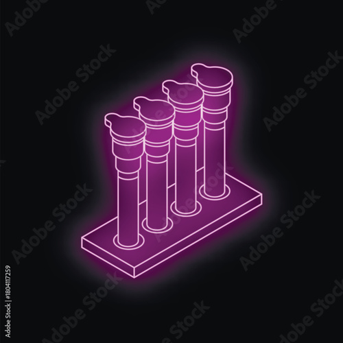 Four glowing neon purple ignition coil plugs stand on a platform against a dark background, creating a striking visual