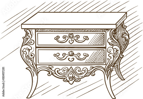 vintage ornate wooden nightstand with decorative carvings, elegant baroque bedside table illustration