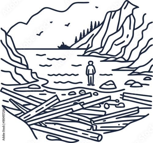 Solitary figure on rugged driftwood beach, rocky cliffs, mountain landscape tranquil nature, outdoor adventure scene