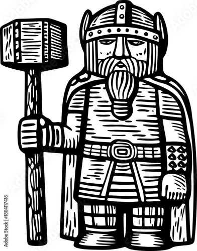 Viking warrior with beard and hammer norse mythology character wearing helmet, armor, and cloak ancient scandinavian hero