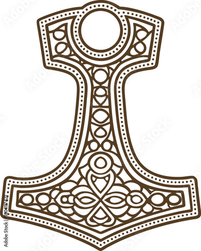 Viking thor hammer mjolnir icon norse mythology amulet with intricate celtic knot ornamental pattern illustration