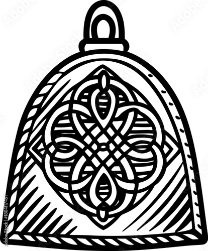 Decorative ornate bell with intricate floral pattern black and white vintage outline illustration, hand drawn detail