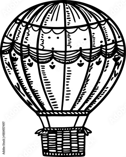 Vintage hot air balloon illustration hand drawn retro design, whimsical detailed drawing with wicker basket and ornate pattern