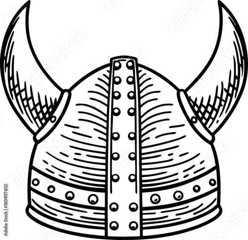 Viking horned helmet illustration hand drawn medieval warrior armor, ancient scandinavian headgear, historic battle symbol