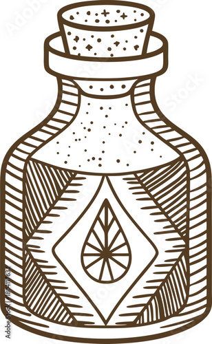 Vintage glass potion bottle with stopper, decorative geometric pattern, hand drawn antique apothecary container