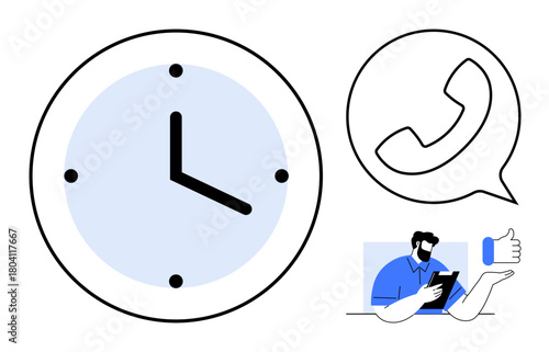 Clock indicating time, phone in chat bubble symbolizing communication, person with tablet and thumbs-up. Ideal for time management, communication, productivity, customer support, scheduling