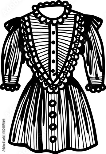 Vintage lace dress with ruffled collar and pleated bodice classic long sleeve garment, retro fashion illustration