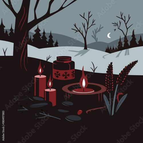Winter candle arrangement with herbs and moonlit snowy background  