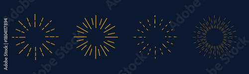 Vintage sunburst collection.Retro gold Sun burst shapes. Bursting golden sun rays. Vintage light starburst labels, badges,Fireworks,Logotype or lettering design element. Radial sunset beams.