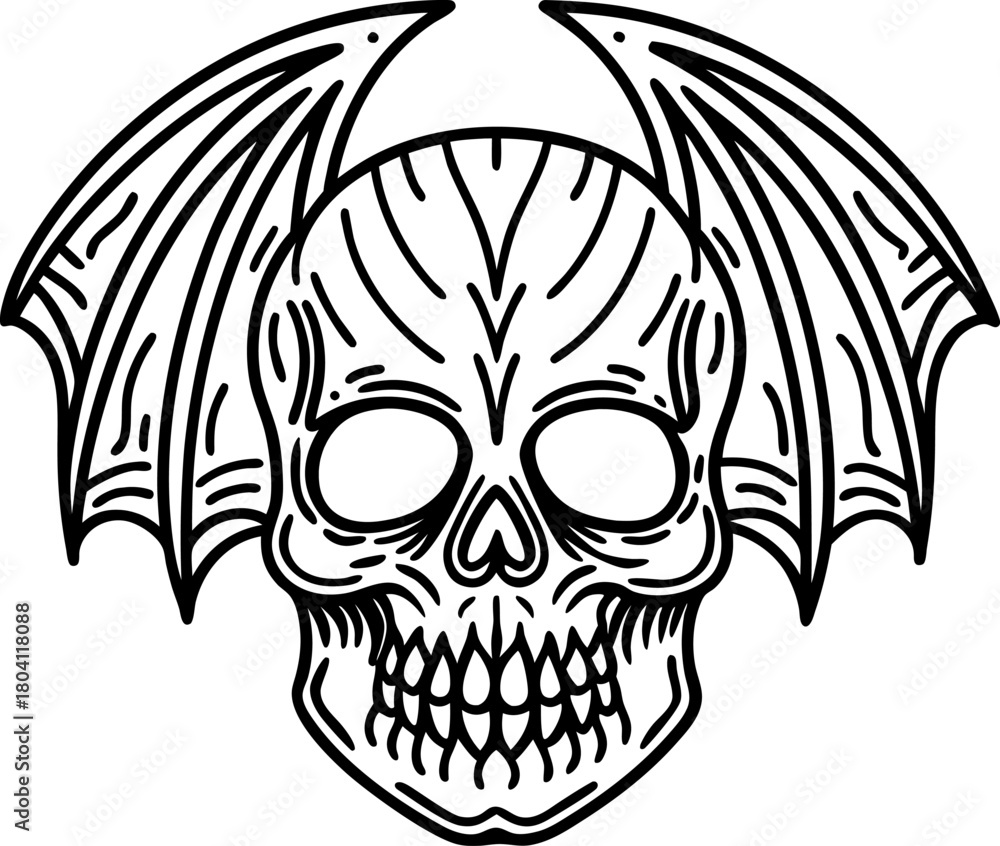 Fototapeta premium skull with bat wings illustration gothic horror skeletal design, dark fantasy monster, halloween tattoo art concept