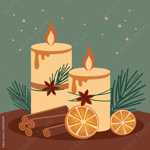 Decorative candles with pine, orange slices, and cinnamon sticks  