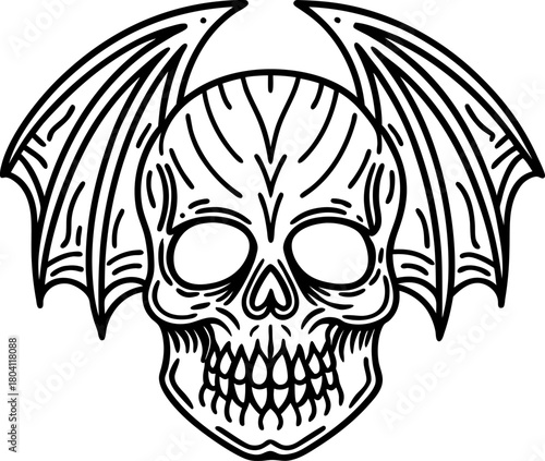 skull with bat wings illustration gothic horror skeletal design, dark fantasy monster, halloween tattoo art concept