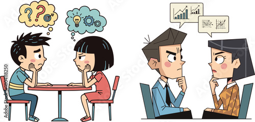 Cartoon children and adults thinking with question marks, ideas, and charts, discussing problems and solutions, creative communication and teamwork concept illustration