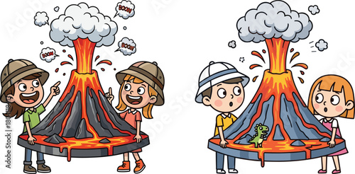 Cartoon children experimenting with erupting volcano model during fun science activity, showcasing education, excitement, teamwork, creativity, learning exploration and classroom discovery