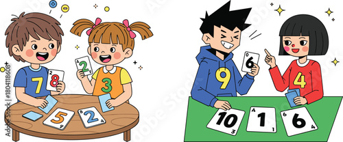 Cartoon children learning math through fun number card games, practicing counting, problem solving, educational play, teamwork, interaction and classroom learning activities