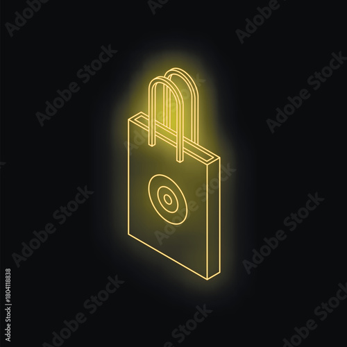 Neon yellow shopping bag glowing on black background representing online shopping and consumerism