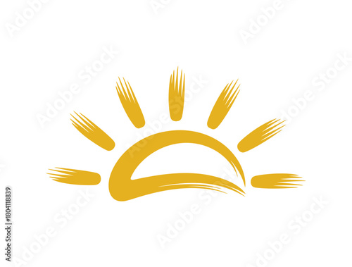 Golden sun rising with brush stroke rays symbolizes new beginnings, hope, and the beauty of natures daily cycle