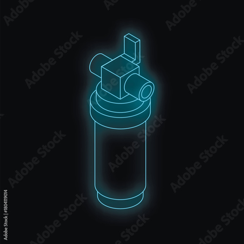 Replacing neon blue glowing water filter cartridge with shut off valve on black background