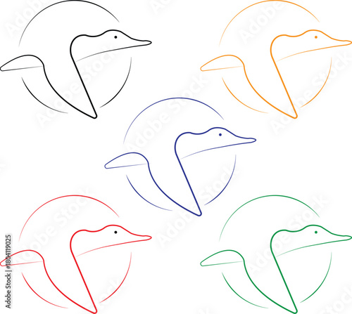 A clean and elegant set of five bird-in-flight logos enclosed within incomplete circular outlines.