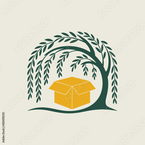 Natural Packaging Logo: Cardboard Box under Willow Tree Silhouette, Eco-Friendly Delivery Icon