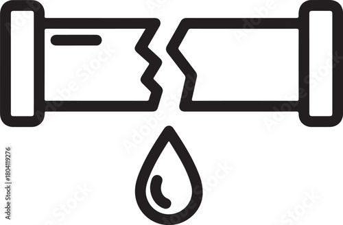 Outline icon of a broken pipe with a water leak symbolizing plumbing damage and crisis