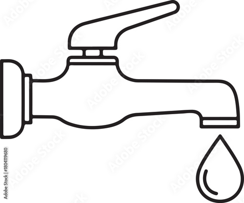Simple line art icon of a water tap with a dripping drop, symbolizing water saving.