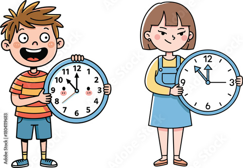 Cute cartoon children holding clocks, showing different times, learning to tell time, educational illustration for teaching hours and minutes in school activities