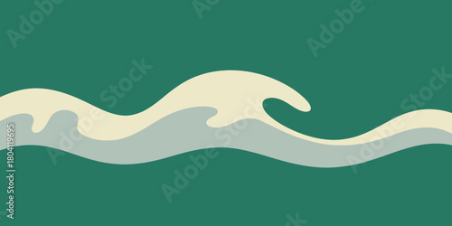 A stylized illustration of a wave with a teal background and cream and gray colored wave shapes