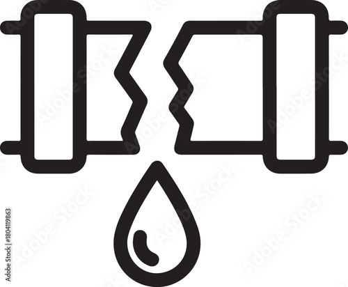 Broken pipe icon with water leak symbol, depicting plumbing damage, urgent maintenance issue