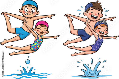 Fun cartoon illustration of happy children jumping into water, performing synchronized swimming poses with joyful expressions, summer activity and playful splash scenes