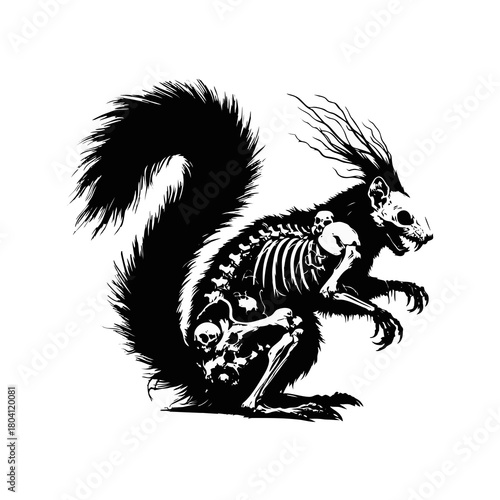 Creepy Skeleton Squirrel Vector Set. Gothic horror zombie and taxidermy animal illustrations isolated on white.