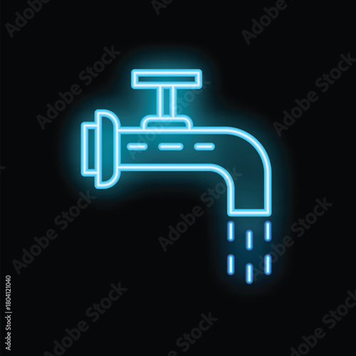 Blue neon icon of a dripping water faucet is glowing against a black background