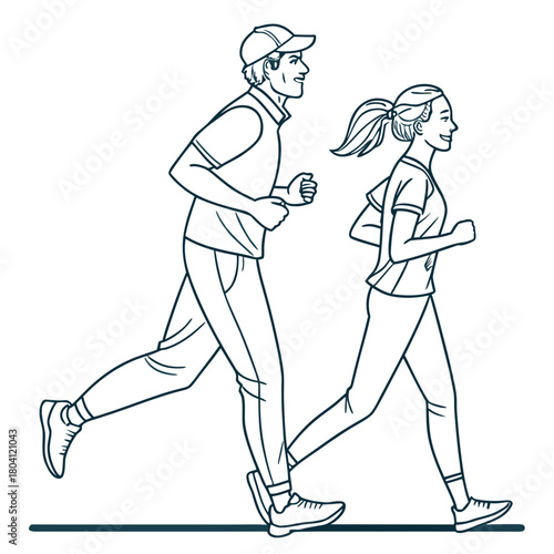 Couple jogging outdoors in clean and minimal illustration
