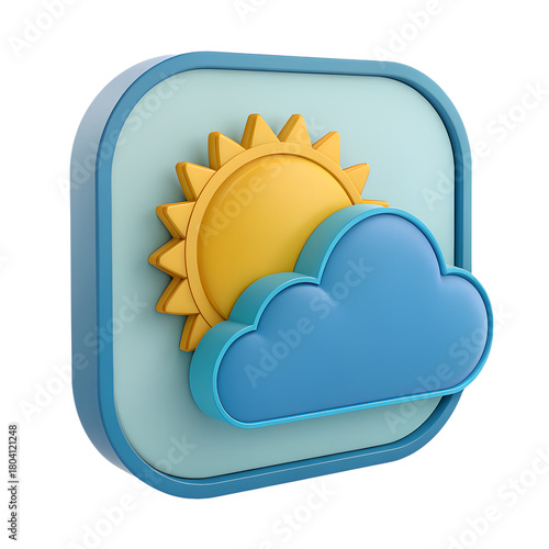 Partly sunny weather icon PNG isolated on transparent background, blue cloud and yellow sun 3D render, forecast symbol for meteorology and design (2)