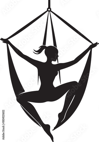 Aerial yoga pose, black silhouette of a woman suspended in a silk hammock