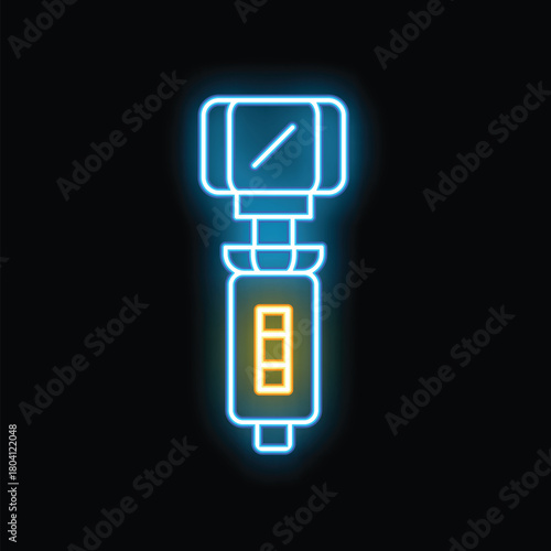 Blue glowing neon line electric rotary hammer drill icon isolated on black background