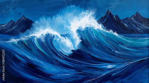 Fototapeta Naklejka Na Ścianę i Meble -  Majestic ocean wave crashing near mountain peaks